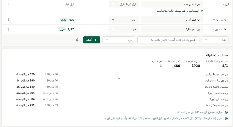 شاشة الفريضة: الأحفاد مُنزَّلون منزلة أبيهم، وتحت الجدول حساب التركة من 480 والجامعة 1920